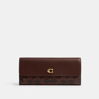 Coach Mila Long Flap Wallet In Signature Canvas - DARK BROWN