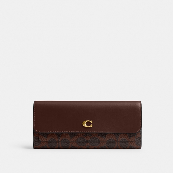 Coach Mila Long Flap Wallet In Signature Canvas - DARK BROWN