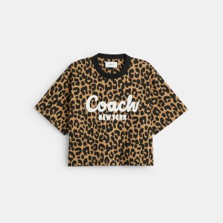 Coach Leopard Cursive Signature Cropped T-shirt - Brown