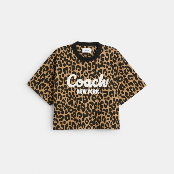 Coach Leopard Cursive Signature Cropped T-shirt - Brown Coach Leopard Cursive Signature Cropped T-shirt - Brown