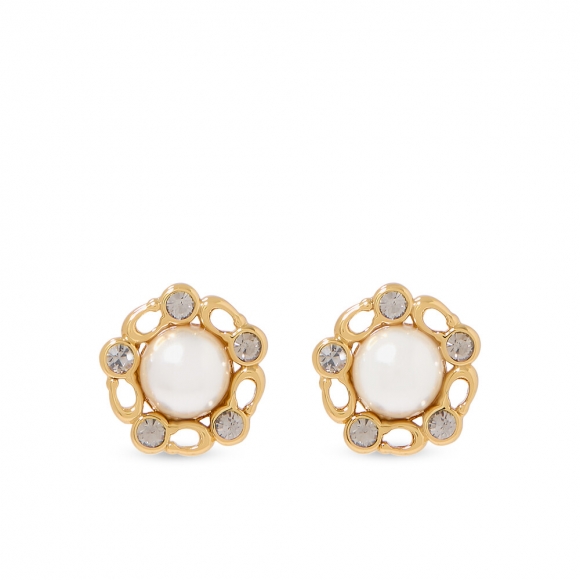 Coach Signature Heritage Pearl Stud Earrings, Brass & Glass Pearl, Glass Crystal - WHITE
