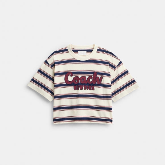 Coach Cursive Coach Striped Cropped T-shirt - CREAM