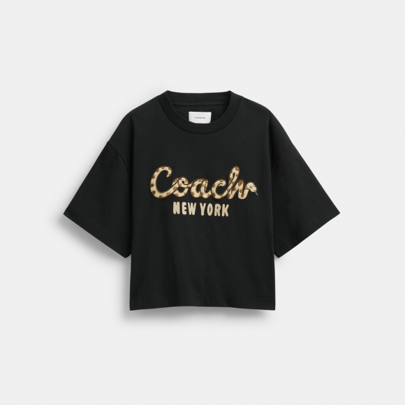 Coach New Year Coach Snake Script Cropped T-shirt In Organic Cotton - Black Coach New Year Coach Snake Script Cropped T-shirt In Organic Cotton - Black