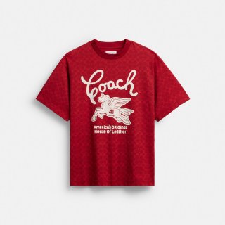Coach Relaxed Signature Pegasus T-shirt In Organic Cotton - Red