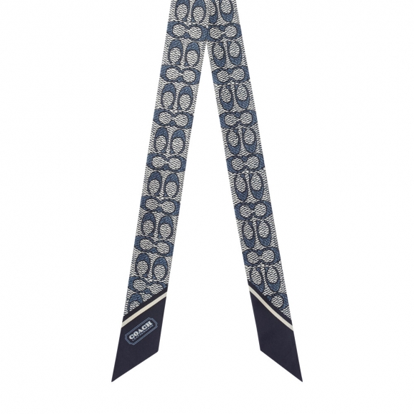 Coach Vintage Signature Print Silk Skinny Scarf - Navy