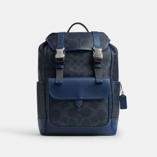 Coach League Flap Backpack In Mixed Signature Canvas - Dark Blue Coach League Flap Backpack In Mixed Signature Canvas - Dark Blue