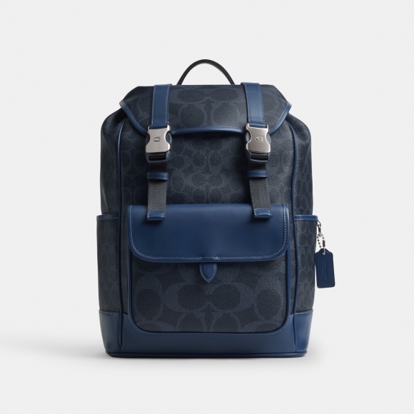 Coach League Flap Backpack In Mixed Signature Canvas - Dark Blue Coach League Flap Backpack In Mixed Signature Canvas - Dark Blue
