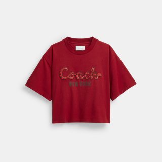 Coach New Year Coach Snake Script Cropped T-shirt In Organic Cotton - Red