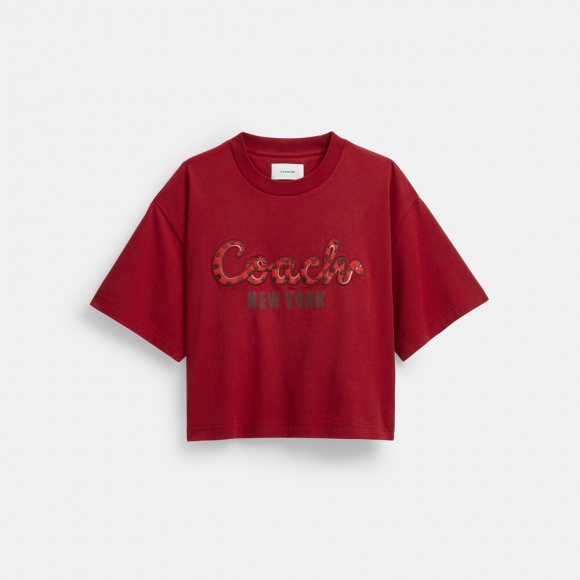 Coach New Year Coach Snake Script Cropped T-shirt In Organic Cotton - Red Coach New Year Coach Snake Script Cropped T-shirt In Organic Cotton - Red