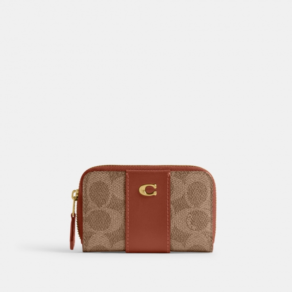 Coach Essential Small Zip Around Card Case In Signature Canvas - Light/Pastel Brown Coach Essential Small Zip Around Card Case In Signature Canvas - Light/Pastel Brown