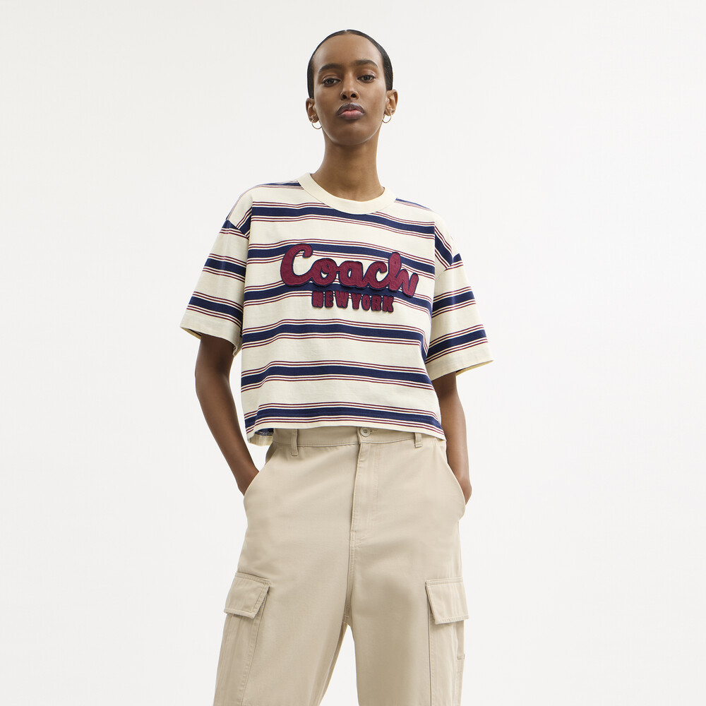 Coach Cursive Coach Striped Cropped T-shirt - CREAM