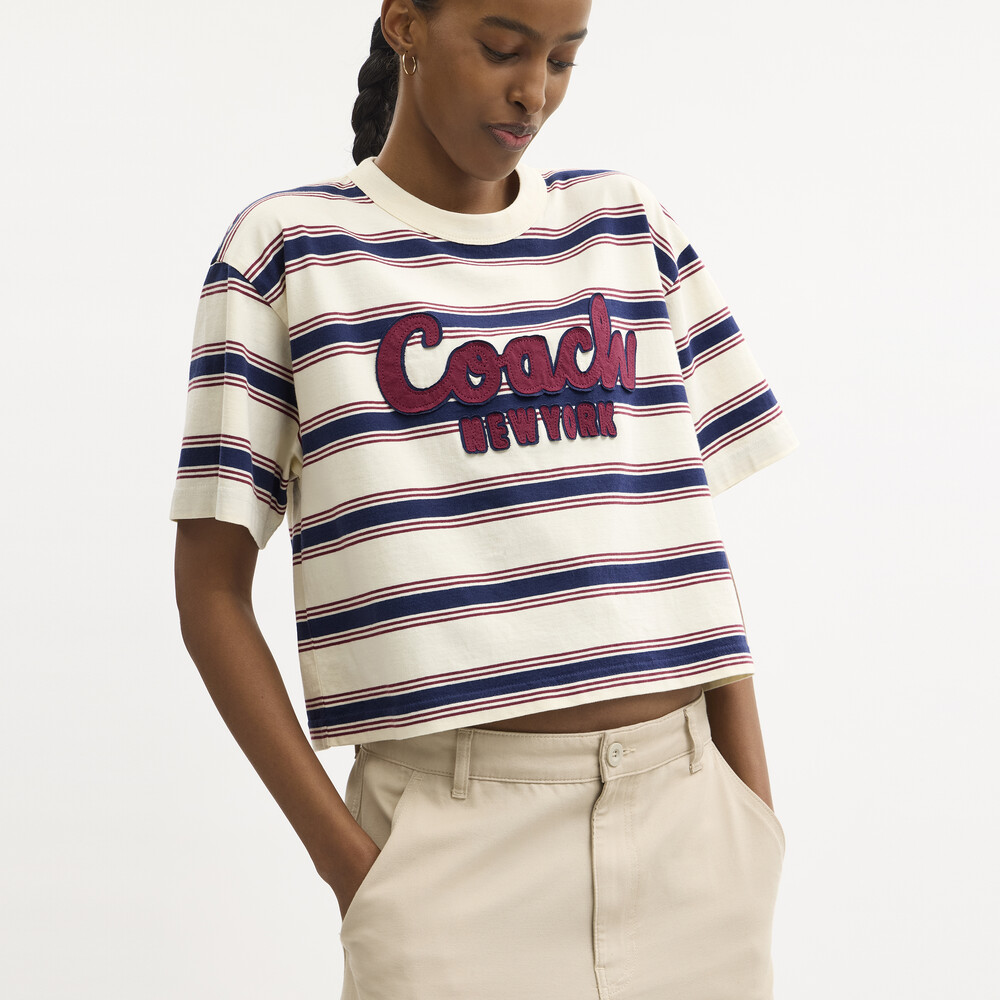 Coach Cursive Coach Striped Cropped T-shirt - CREAM