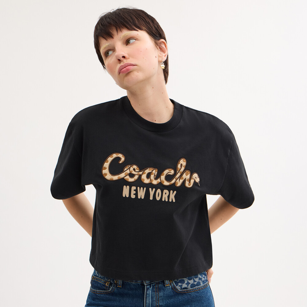 Coach New Year Coach Snake Script Cropped T-shirt In Organic Cotton - Black
