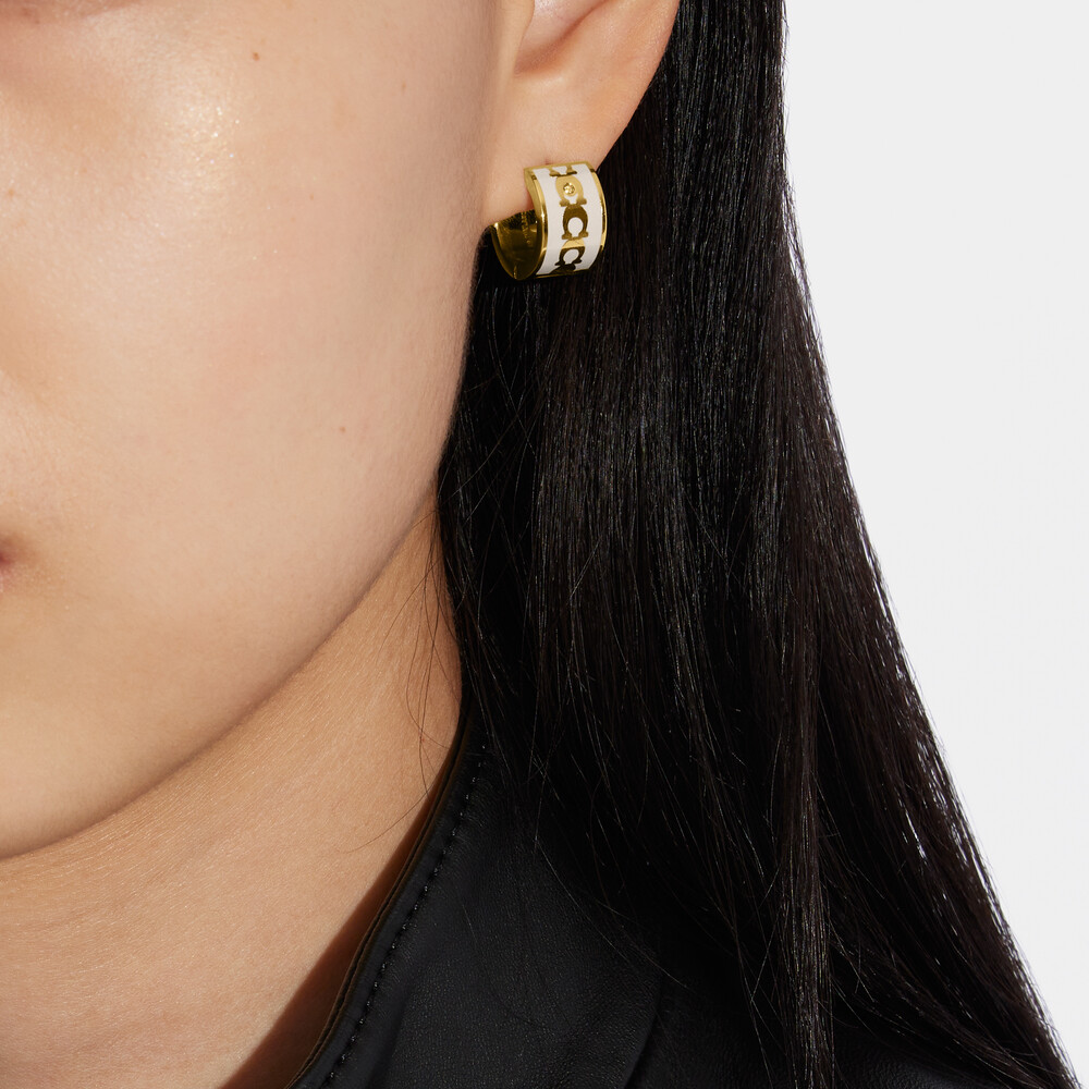 Coach Signature Enamel Hoop Earrings - WHITE