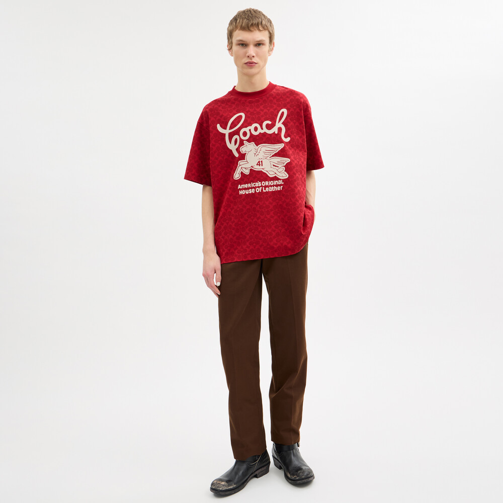 Coach Relaxed Signature Pegasus T-shirt In Organic Cotton - Red