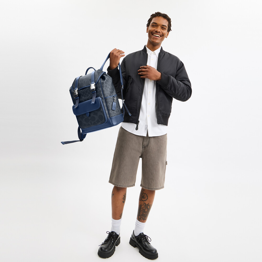 Coach League Flap Backpack In Mixed Signature Canvas - Dark Blue