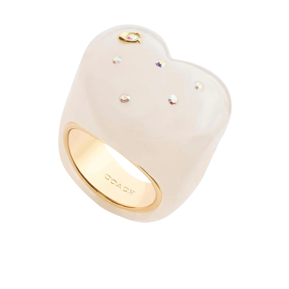 Coach Vintage Charms Signature Heart Cocktail Ring, Brass & Resin, Glass Crystal - WHITE