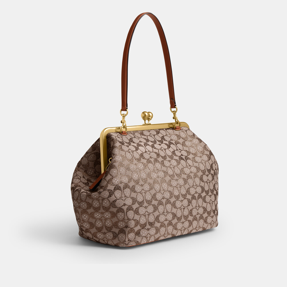 Coach Large Kisslock Frame Bag In Crystal Signature Jacquard - Brown