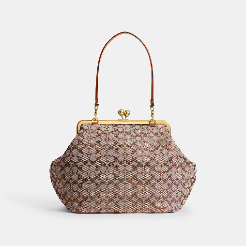 Coach Large Kisslock Frame Bag In Crystal Signature Jacquard - Brown