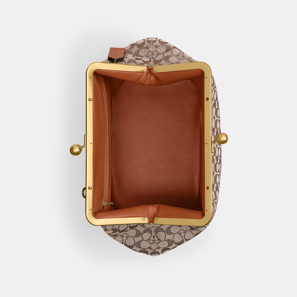 Coach Large Kisslock Frame Bag In Crystal Signature Jacquard - Brown