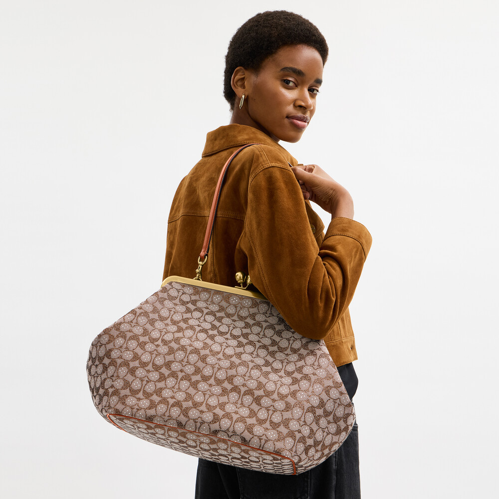 Coach Large Kisslock Frame Bag In Crystal Signature Jacquard - Brown