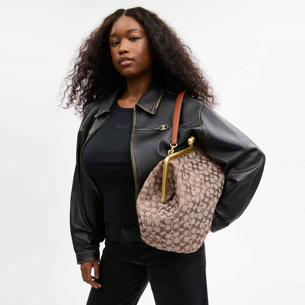 Coach Large Kisslock Frame Bag In Crystal Signature Jacquard - Brown