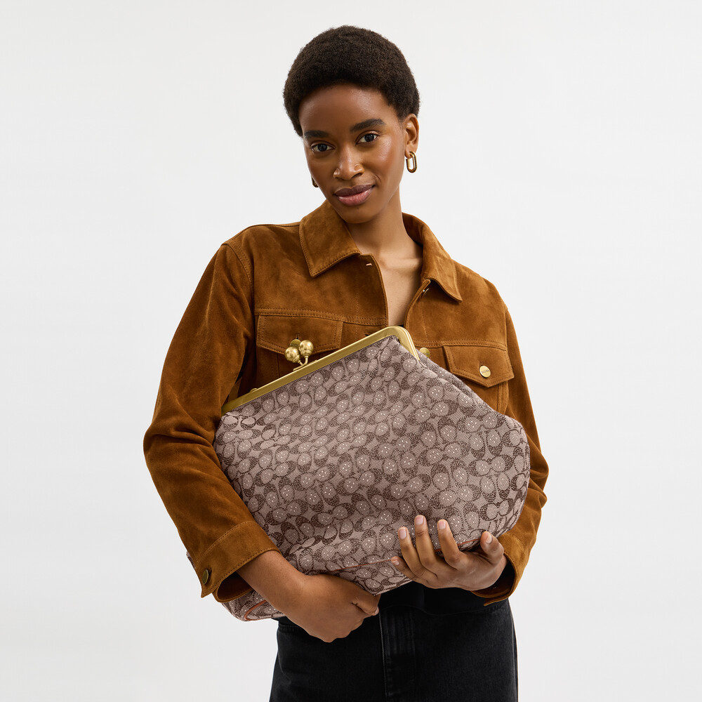 Coach Large Kisslock Frame Bag In Crystal Signature Jacquard - Brown