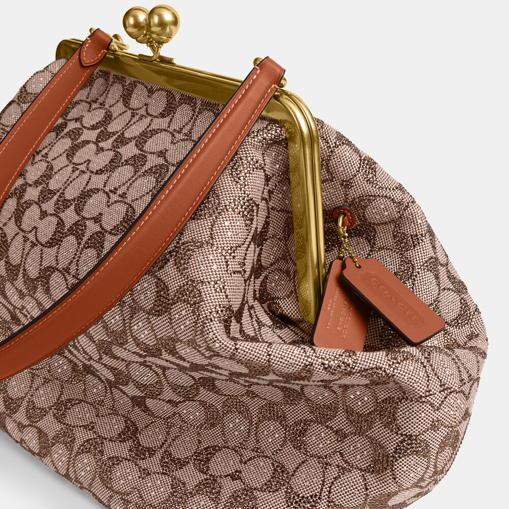 Coach Large Kisslock Frame Bag In Crystal Signature Jacquard - Brown